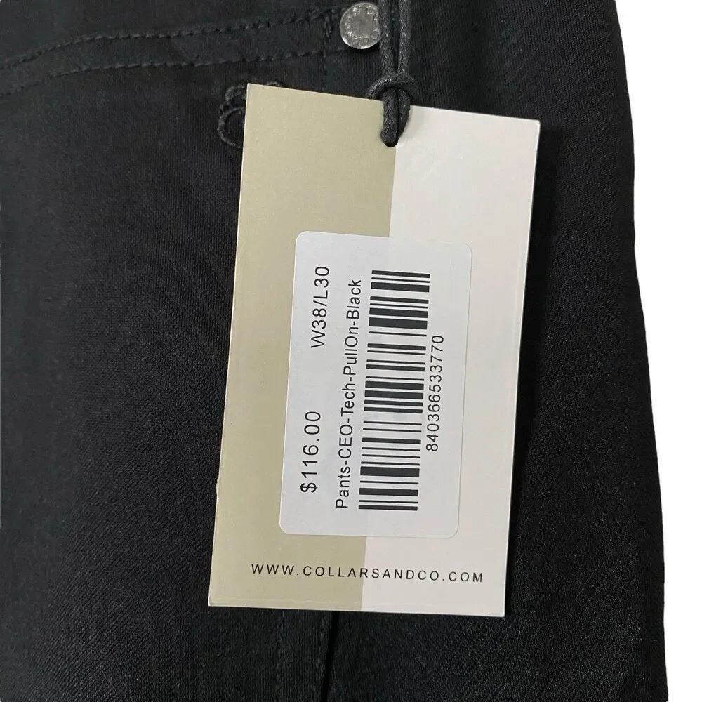 Collars & Co CEO Pants Mens 38x30 Black Pull On Stretch Tech Performance NWT
